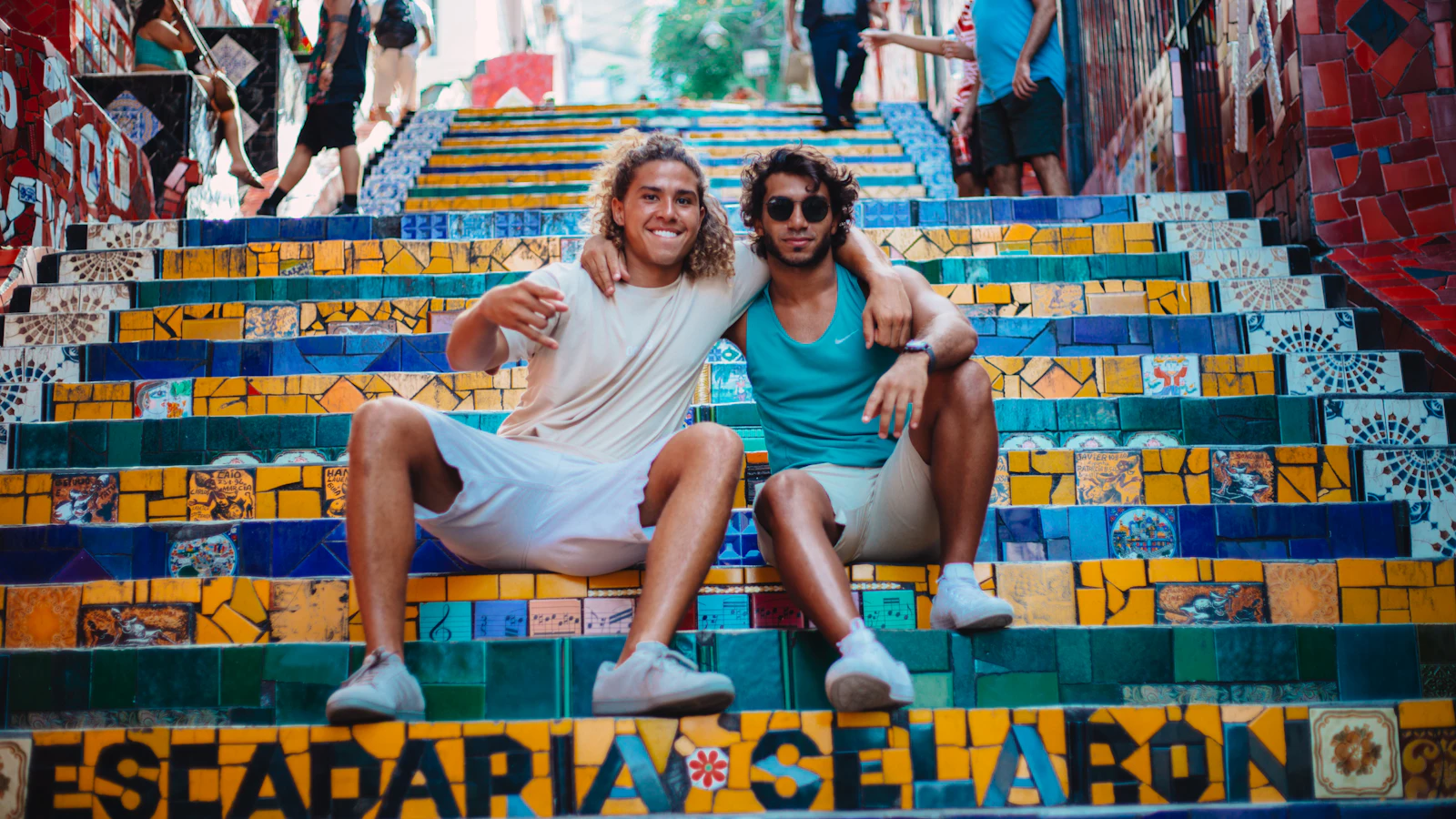 The colourful mosaic tiles of the Escadaria Selaron steps in Lapa, Rio de Janeiro