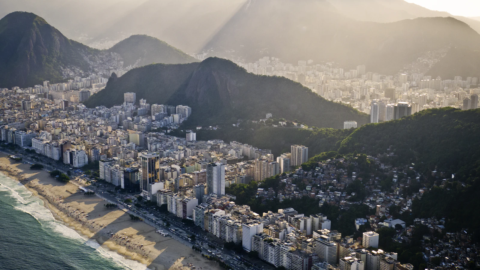 Aerial view of the Rio de Janeiro skyline, beaches and granite peaks