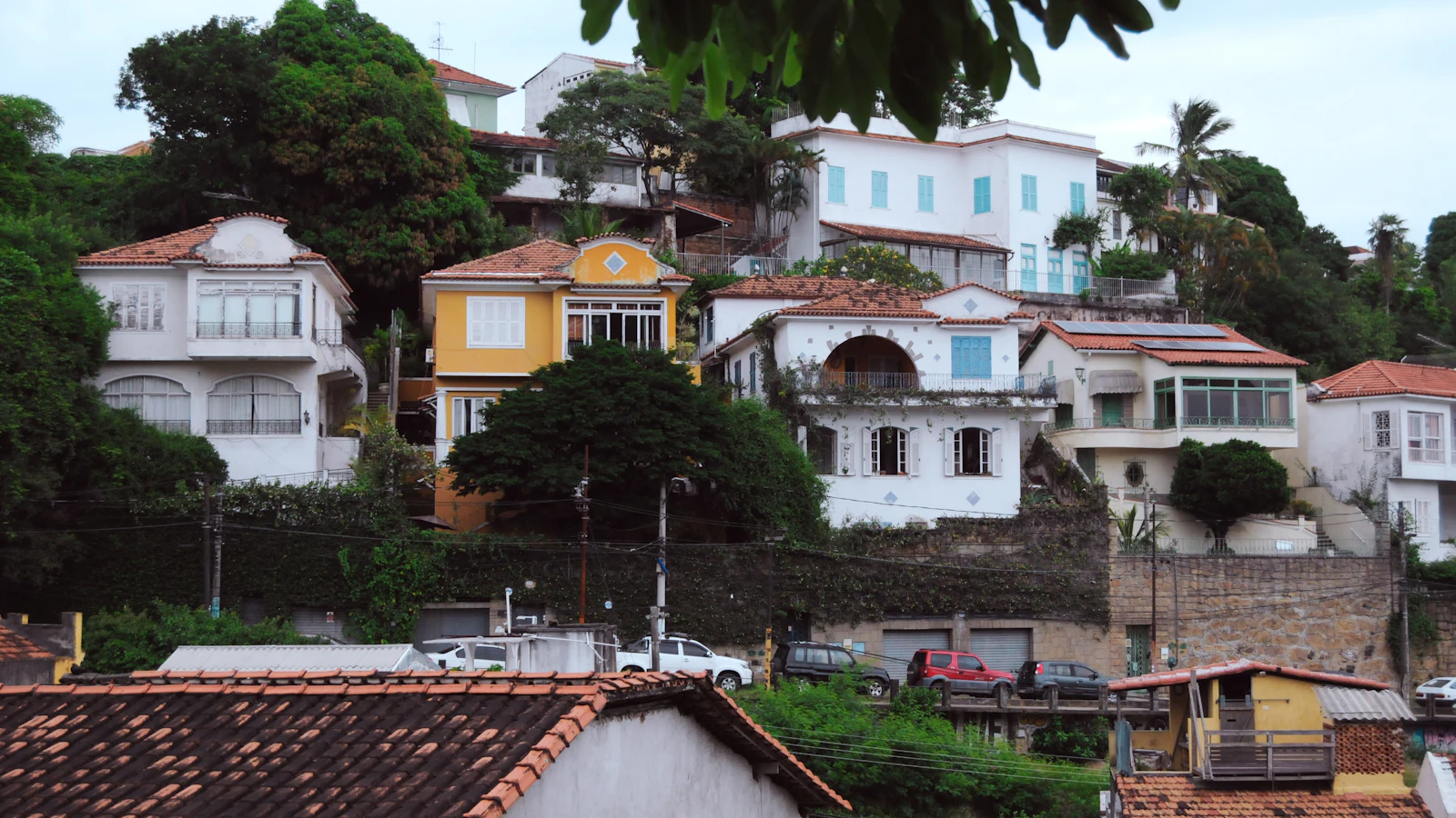 The pastel hillside houses and red rooftops of Santa Teresa, Rio de Janeiro